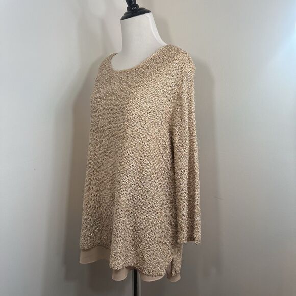 Gibson Latimer Sweater Blouse M Sparkle Rose Gold Layered Tunic Sequins Crochet - Picture 3 of 11